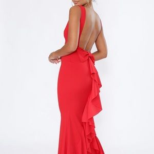Red Open Back Ruffle Long Dress